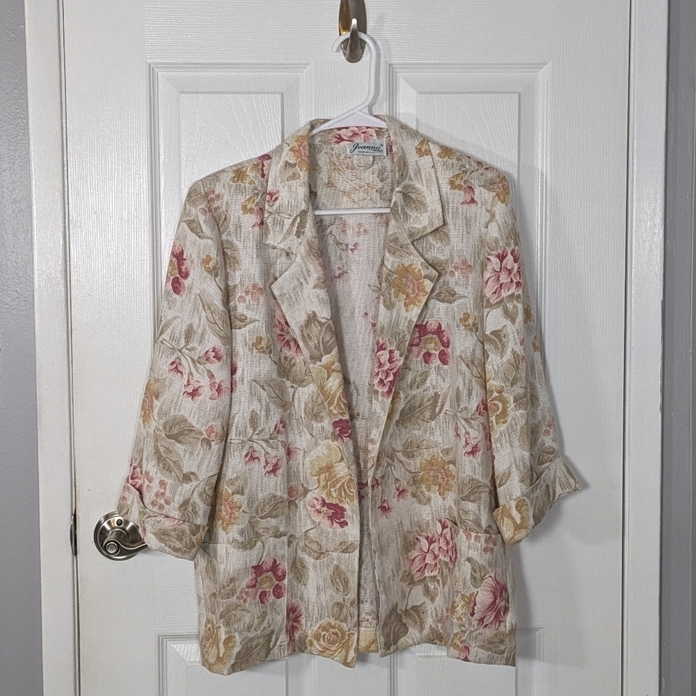 Vintage Joanna Cream/Pink Floral Longline Open Front Blazer Size Small